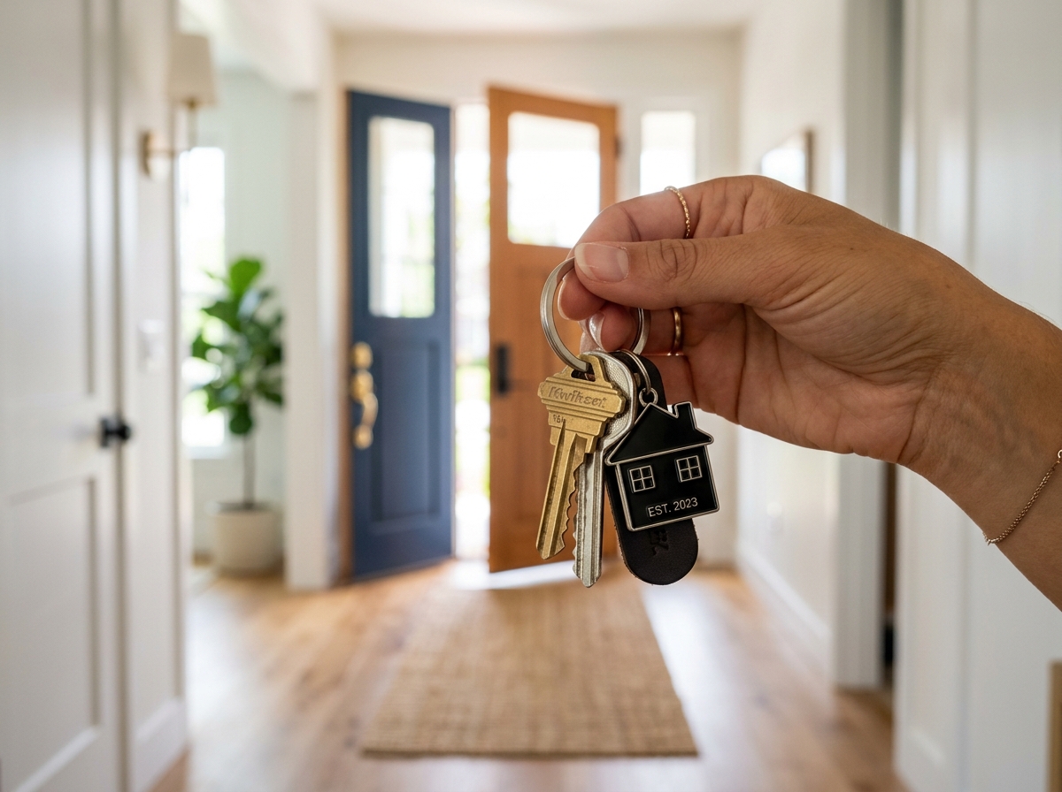 Hand holding keys with house keychain in home hallway